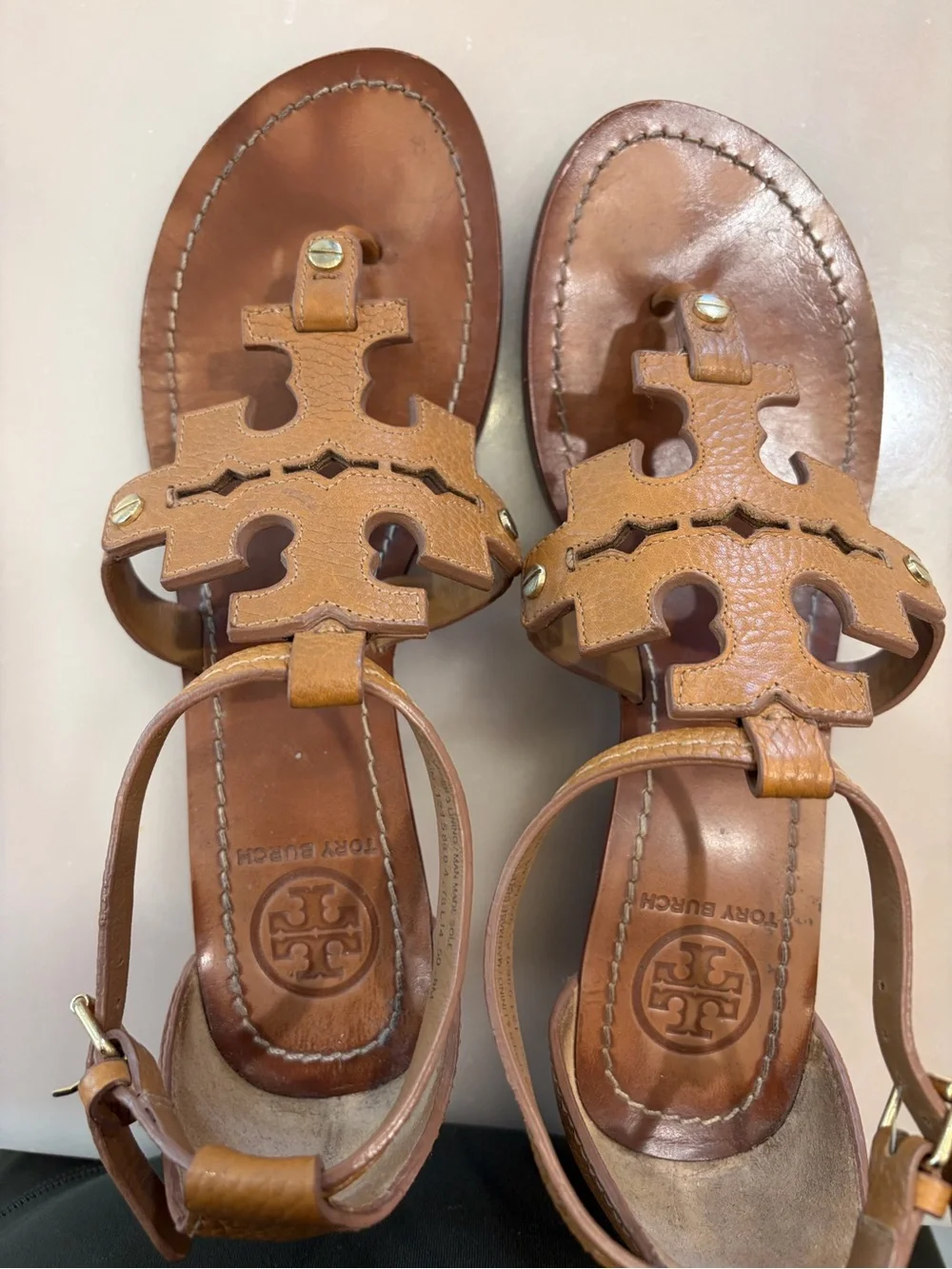 Tory Burch Tan Leather Logo Cutout Ankle Strap Sandals